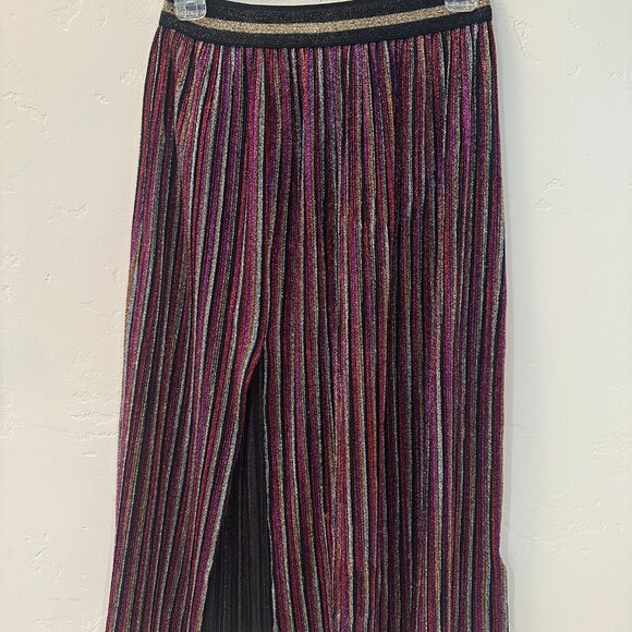 TOPSHOP Metallic Plisse Striped Midi Skirt Size US 2 A-line Elastic Waist Slit - Picture 5 of 8
